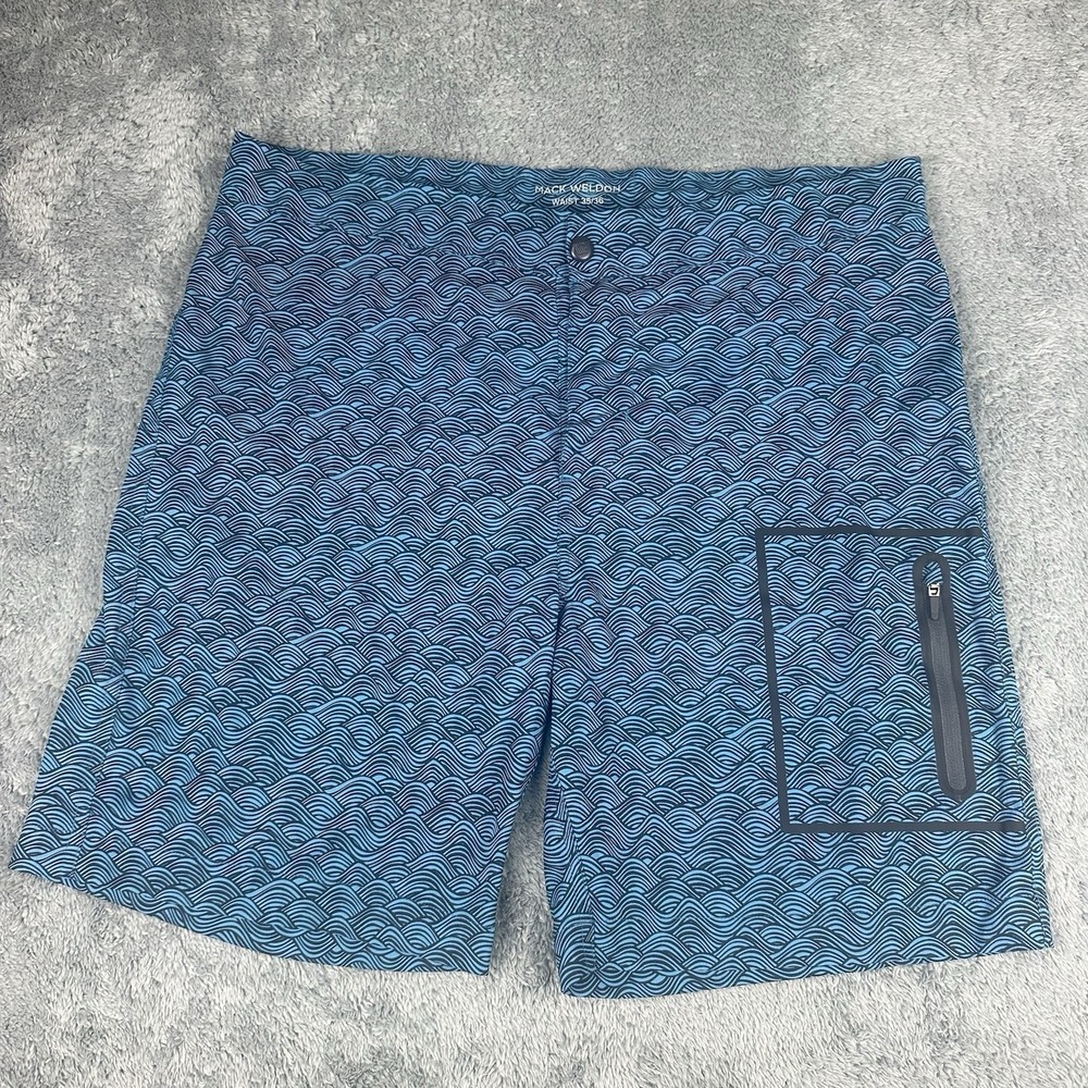 Mack Weldon Board Shorts Men Size 35/36 Blue Wave Print Swim Trunks Pocket